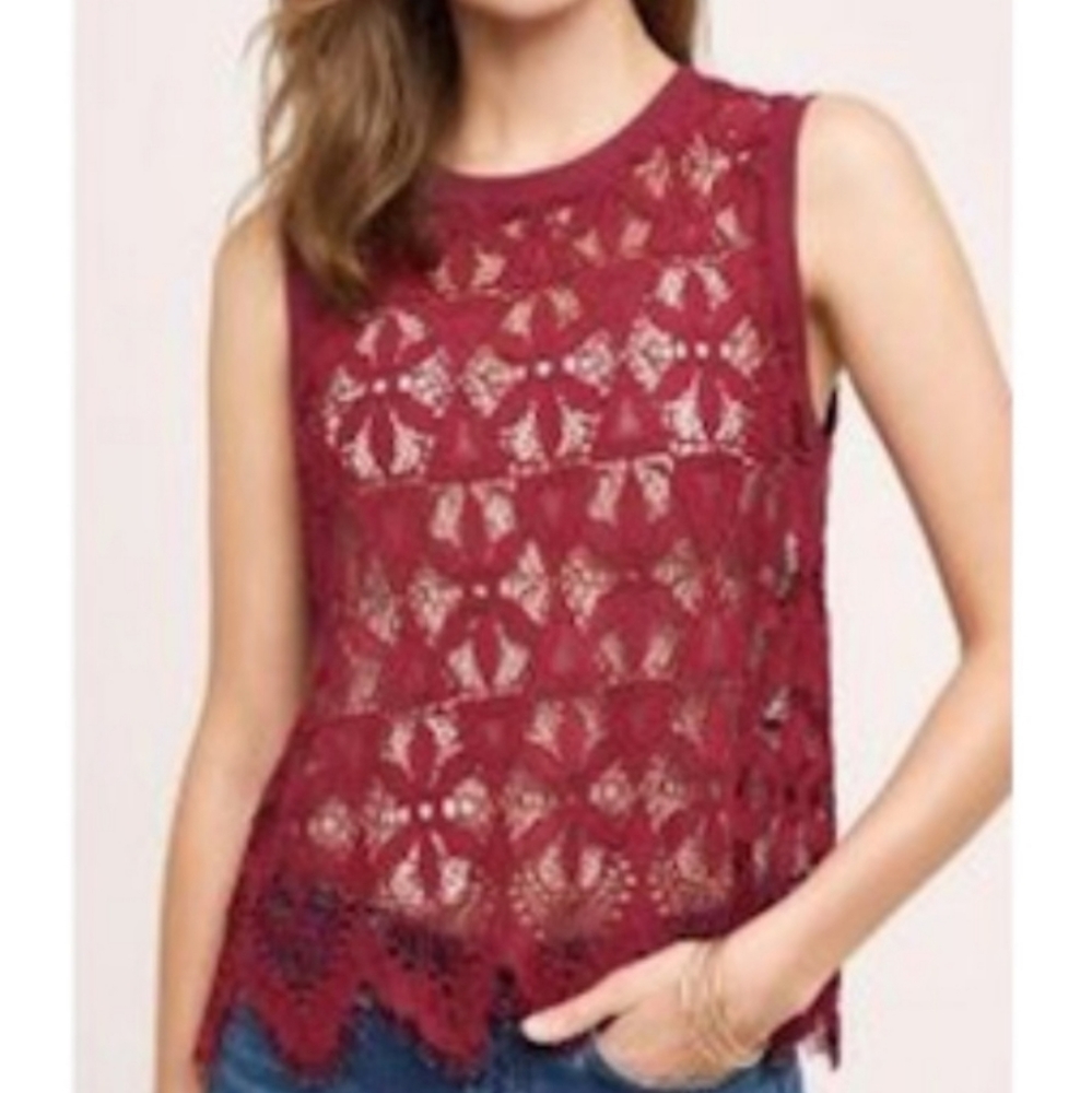 Deletta Scallop Lace Tank Top Maroon red